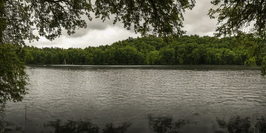 Prompt: centered photograph of a infintely long rope zig zagging across the surface of the water into the distance, floating submerged rope stretching out towards the center of the lake, a dark lake on a cloudy day, color film, trees in the background, hyper - detailed photo, anamorphic lens