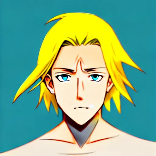 Prompt: blonde boy with yellow eyes wearing a brown cape in the style of studio ghibli, anime, artgerm