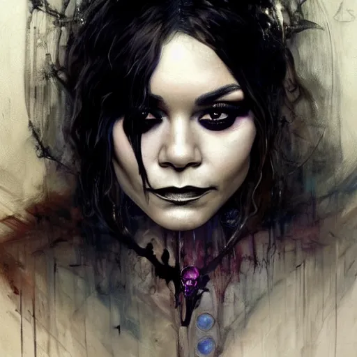 Image similar to beautiful portrait of vanessa hudgens as death from sandman, smiling, by cedric peyravernay, alphonse mucha, by jeremy mann, by lecouffe deharme, goth chic, soft lightning, eyeliner, punk rock, high detailed, 8 k