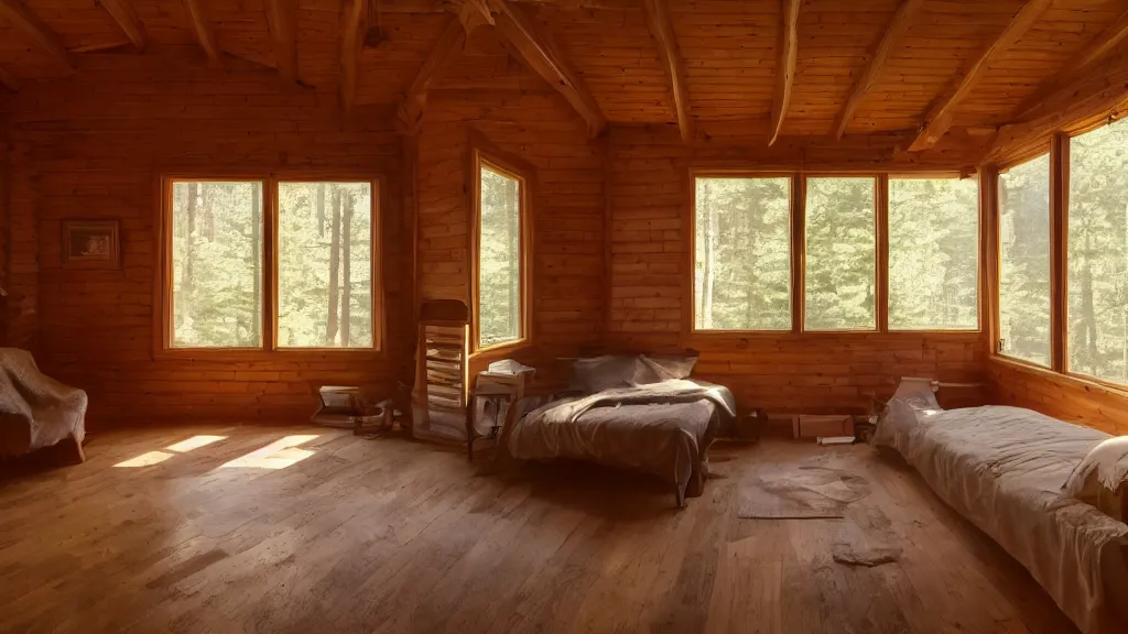 Prompt: a room inside an old wooden cabin with volumetric light coming in from the windows.