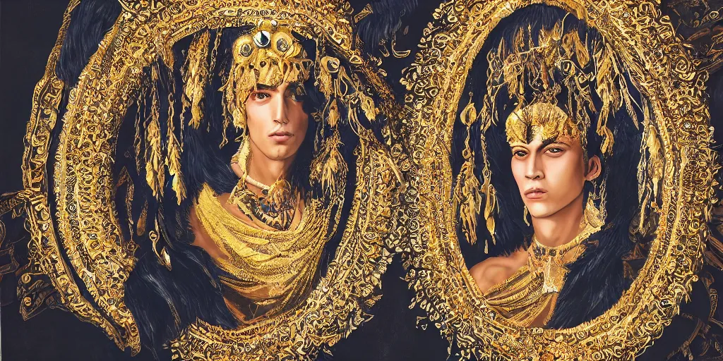 Image similar to dramatic studio portrait of a beautiful flawless symmetrical man wearing intricate otherworldly gold and white jewelry and wearing an ornate elegant gold headdress, hyper realism, very detailed