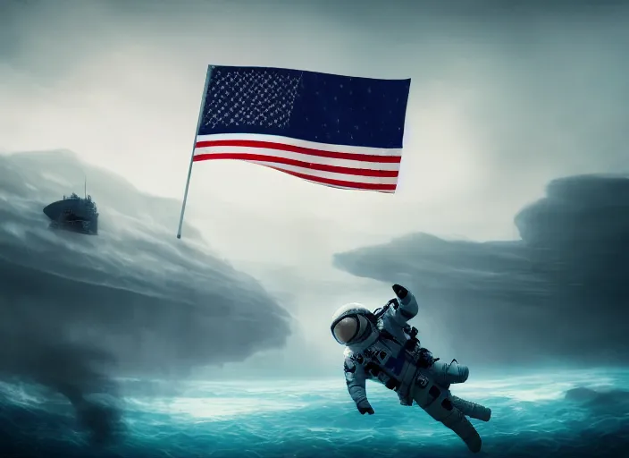 Image similar to astronaut holding a flag in an underwater desert. a submarine is visible in the distance. dark, concept art, cinematic, dramatic, atmospheric, 8 k, trending on artstation, blue, fish, low visibility, fog, ocean floor, christopher nolan, interstellar