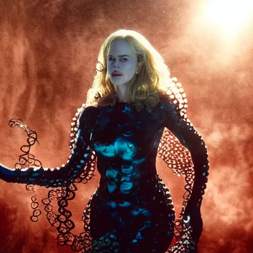 Image similar to Nicole Kidman as octopus woman (superhero), dramatic cinematic portrait, underwater