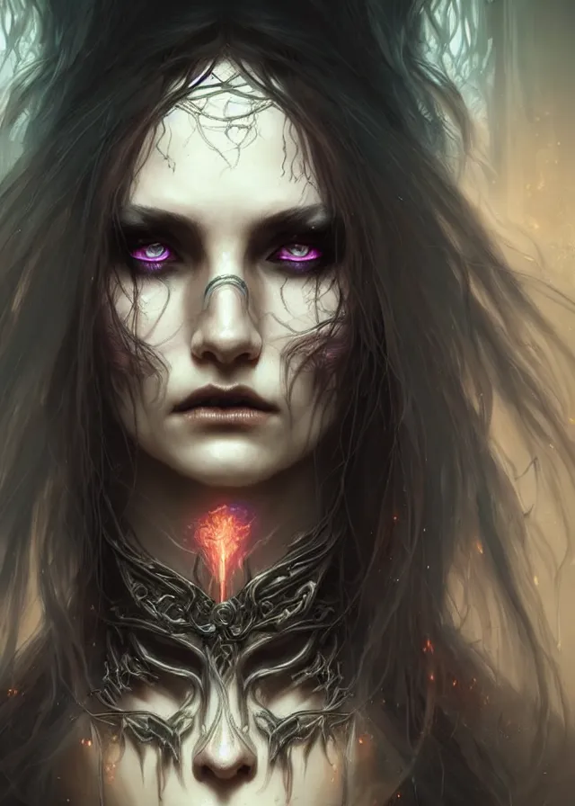 Image similar to Necromancer Sorceress face close-up macro in center, fantasy magic, undercut hairstyle, dark light night, intricate, elegant, sharp focus, illustration, highly detailed, digital painting, concept art, matte, art by WLOP and Artgerm and Greg Rutkowski and Alphonse Mucha, masterpiece