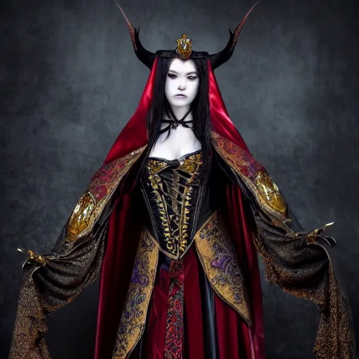 Prompt: full length photo of a very beautiful!! vampire warrior queen with ornate robes, highly detailed, 4 k, hdr, smooth, sharp focus, high resolution, award - winning photo