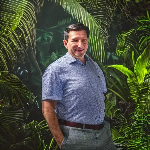 Prompt: 4 k hdr full body wide angle sony portrait of ron desantis in a tropical bali jungle shower with moody stormy overcast lighting