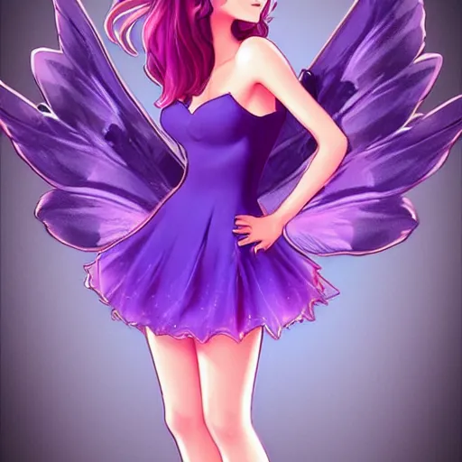 Image similar to very very very beautiful tiny princess in her 20s with fairy wings wearing skintight purple dress, making eye contact, smiling, flirty, perfect body, perfect face, drawn by artgerm