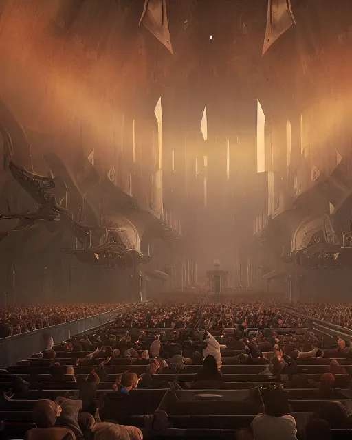 Prompt: fantasy movie scene digital matte painting of a crowd in a futuristic church by craig mullins and ghibli, strong contrast, priest, pews, ethereal, inviting, bright, raking light, unreal engine 5, hyper realism, realistic shading, cinematic composition, blender render, octane render, hdr, detailed textures, photorealistic, wide shot