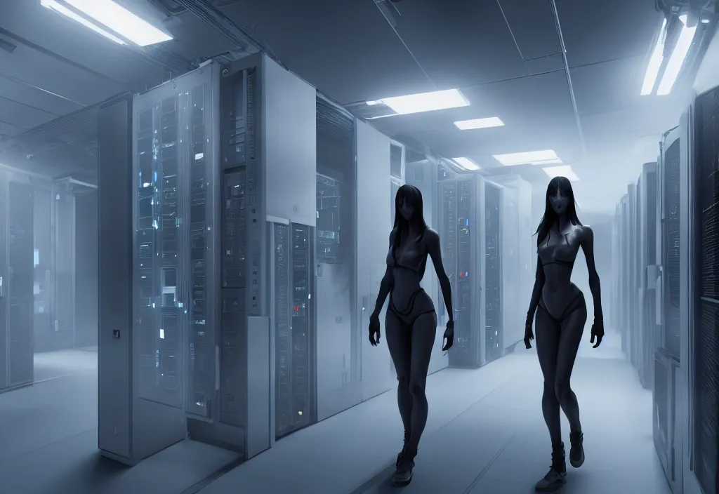 Image similar to by rupert sanders android walking in server room in datacenter, shot by cyberpunk syle, character design, proportional body, whole body, whole figure, very realistic cinematic concept art, complementary color, realistic detailed, sharp lines, trending on artstation, volumetric lighting, octane render