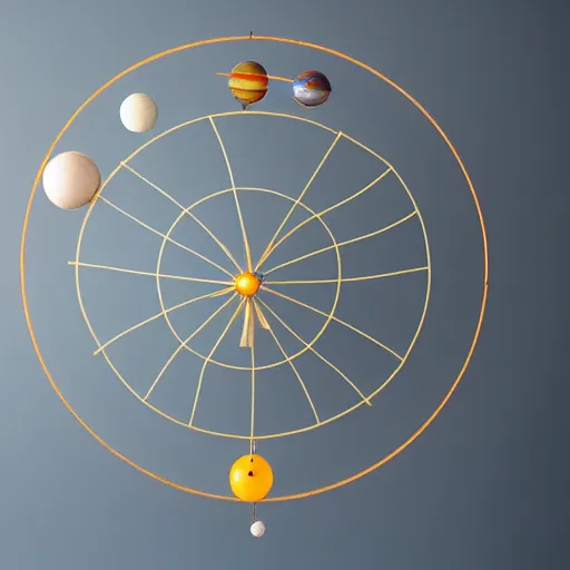 Image similar to a kinetic sculpture of this solar system hanging from horizontal line, orrery, canon 5 d 5 0 mm lens, papier - mache