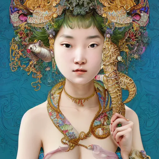 Prompt: a masterpiece ultrarealistic ultradetailed portrait of beautiful love fishmonger jewelry genius elephant trainer girl on fruits street market baroque renaissance. medium shot, intricate, elegant, by stanley artgerm lau, wlop, alphonse mucha, rossdraws, andrei riabovitchev, yoshitaka amano. flower background my james jeand and takashi murakami.