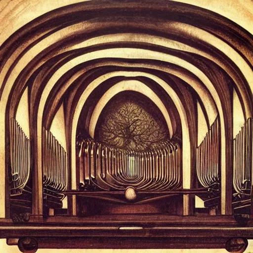Image similar to pipe organ music album art by alan lee and albrecht durer