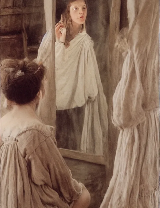 Image similar to peasant trying dress in front of a mirror, on a village, Cinematic focus, Polaroid photo, vintage, neutral colors, soft lights, foggy, by Steve Hanks, by Serov Valentin, by lisa yuskavage, by Andrei Tarkovsky 8k render, detailed, oil on canvas