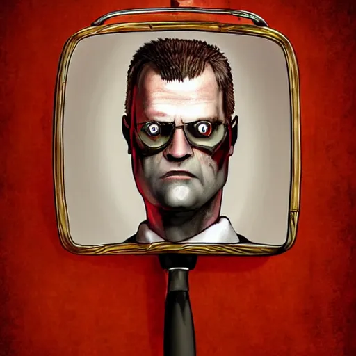 Prompt: david firth art of duke nukem looking into a mirror, david firth, digital art, bathroom