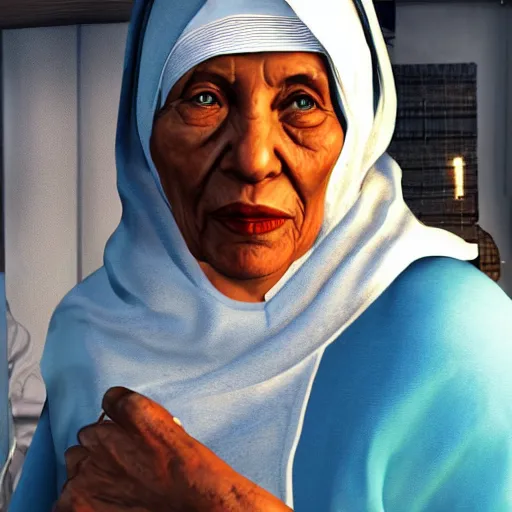 Image similar to Mother Theresa as a gangster in GTA5 8k hyperdetailed photorealism ultra high quality