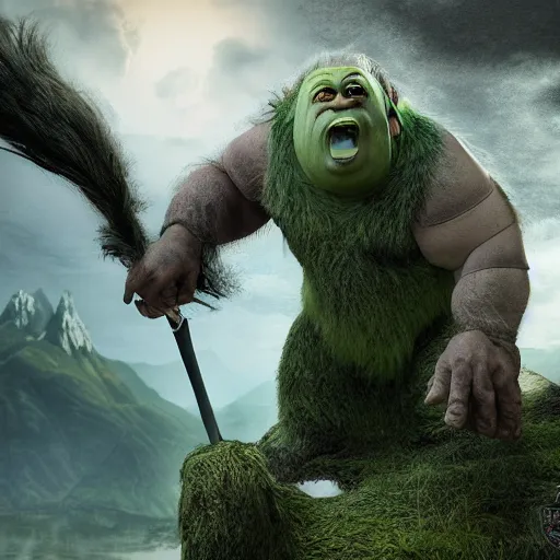 Prompt: still from a movie with cutting edge practical effects, giant humanoid troll with light green skin and big nose, burly, wearing long fur toga and holding sword, highly textured, fantasy, D&D, HDR, dramatic light, in alpine setting with mastadons in the background, wide angle shot, shallow depth of field, dynamic pose, award winning photograph!