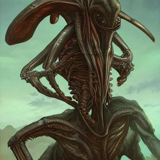 Image similar to aliens from the second edition of barlowe's guide to extraterrestrials, highly detailed, photorealistic, artstation, highly detailed, oil painting, dramatic lighting, award - winning, accurate anatomy