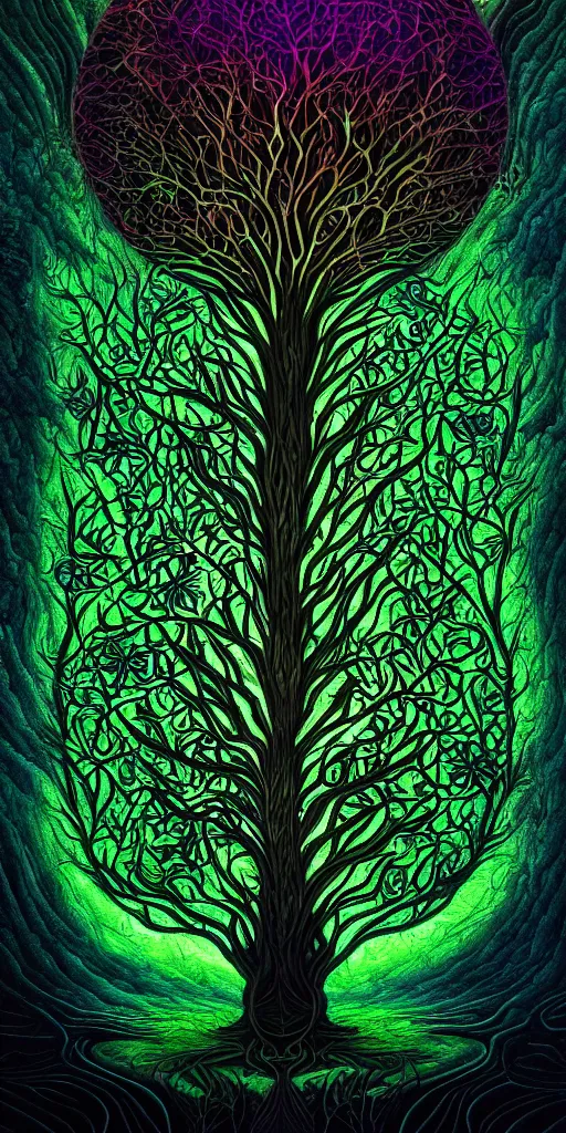 Prompt: Tree of life, 8k texture, HD, Noah Bradley, otherworldly, psychedelic black light style, Incredible Black and dark green Illustration, Exquisite detail, post processed