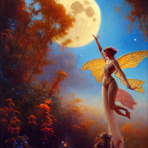 Image similar to attractive fairy magically floating high in the night, fantasy, full moon in background. highly detailed painting by gaston bussiere, craig mullins, j. c. leyendecker, mid shot, 8 k