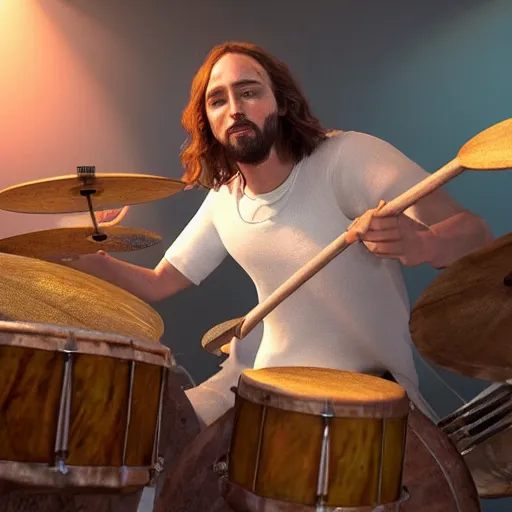 Image similar to a highly detailed realistic photographic render of christ playing drums, realistic, photo realism, hyper realistic, hyper realism, photo realisitc, cinematic render, film, beautifully lit, ray traced, octane 3D render, octane render, unreal engine