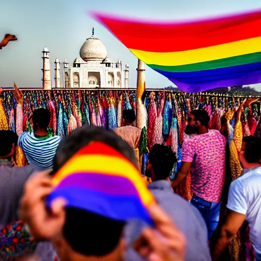 Prompt: photo of crowd of men with rainbow flags dancing at ( ( ( ( taj mahal ) ) ) ), well framed, sharp focus, 8 k, beautiful, award winning photo, highly detailed, intricate, centered