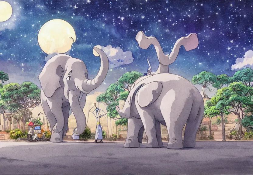 Prompt: a hyperrealist watercolor concept art from a studio ghibli film showing a giant grey dumbo the elephant. a hindu temple is under construction in the background in india on a misty and starry night. by studio ghibli. very dull muted colors