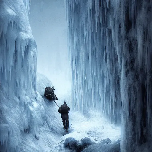 Image similar to a man explores the icy corners from hell, artstation