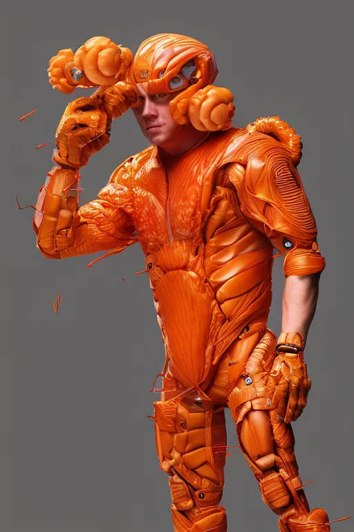 Prompt: channing tatum wearing a costume of peach fruit pit, ef 8 5 mm f 1. 8 usm, bionic scifi alexandre ferra, hyper detailed, digital art, trending in artstation, cinematic lighting, studio quality, smooth render, unreal engine 5 rendered, octane rendered