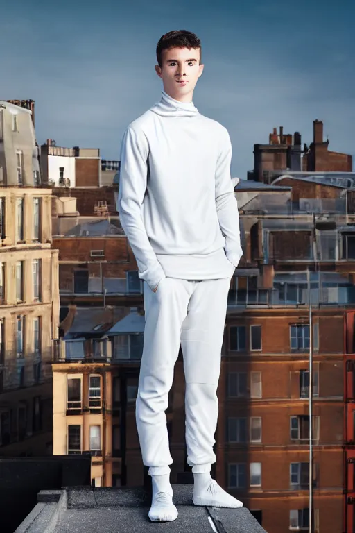 Image similar to un ultra high definition studio quality photographic art portrait of a young man standing on the rooftop of a british apartment building wearing soft padded silver pearlescent clothing. three point light. extremely detailed. golden ratio, ray tracing, volumetric light, shallow depth of field. set dressed.