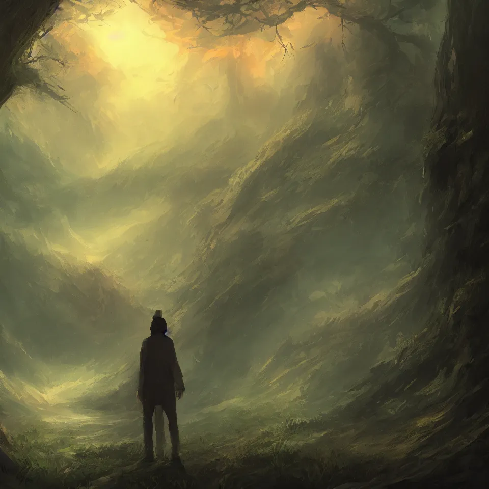 Image similar to man standing alone in nature,beautiful colours, digital art, concept art, fantasy art, highly detailed, HD wallpaper, artstation, Deviantart, abeyance