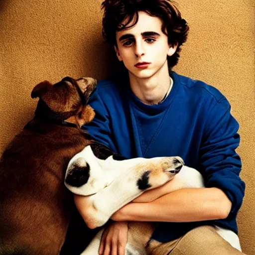 Image similar to timothy chalamet and a puppy, leica s, 5 0 mm lens, kodachrome, 1 9 6 9, shot by platon - h 8 0 4