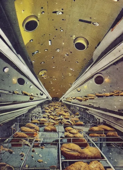 Image similar to Loaves of bread floating, interior of derelict space station, 60s sci-fi book cover