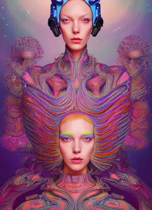 Image similar to pretty futuristic model with hallucination mushroom : : by martine johanna and simon stalenhag and chie yoshii and casey weldon and wlop : : ornate, dynamic, particulate, rich colors, intricate, elegant, highly detailed, vogue, harper's bazaar art, fashion magazine, smooth, sharp focus, 8 k, octane render,