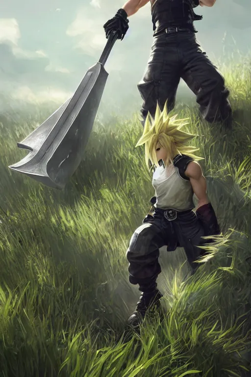 Image similar to cloud from final fantasy 7, battle stance , highly detailed, in a magical lush field of overgrown plants, digital painting, artstation, concept art, smooth, sharp focus, illustration, cinematic lighting, art by artgerm and greg rutkowski and Annie Leibowitz