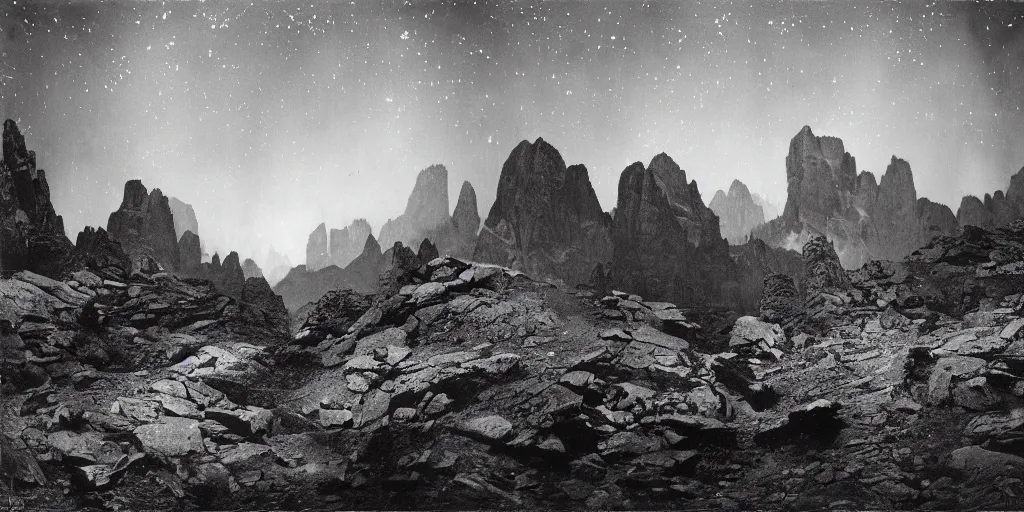 Image similar to 1920s photography historical photo of nightsky, but stars are circles, roots growing in the sky, in the dolomites, forest, dolomites, alpine, detailed intricate insanely detailed octane render, 8k artistic 1920s photography, photorealistic, black and white, chiaroscuro, hd, by David Cronenberg, Raphael, Caravaggio