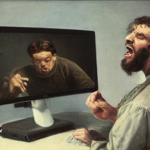 Image similar to an angry man yells at his computer monitor, oil on canvas, 1 8 8 3, highly detailed