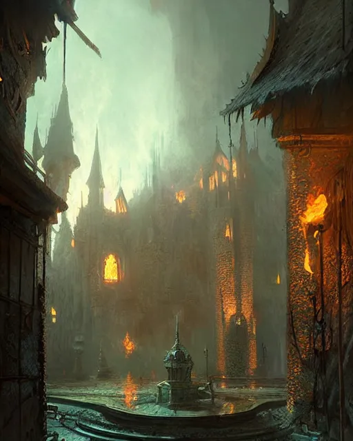 Image similar to robust fantasy castle courtyard burned to the groun, fiery ambient, uplifting mood, ultra realistic, sad, small buildings, highly detailed, epic lighting, illuminated, cinematic, morning, art by eddie mendoza