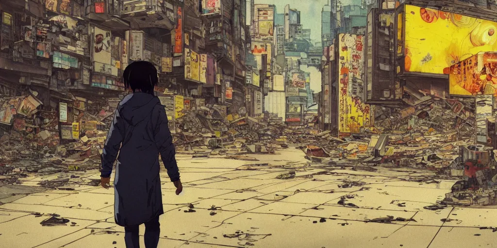 Prompt: incredible wide screenshot, ultrawide, simple watercolor, paper texture, katsuhiro otomo ghost in the shell movie scene, backlit distant shot of girl in a parka running from a giant robot invasion side view, yellow parasol in deserted dusty shinjuku junk town, broken vending machines, concrete wall, bold graffiti, old pawn shop, bright sun bleached ground, mud, fog, dust, windy, scary chameleon face muscle robot monster lurks in the background, ghost mask, teeth, animatronic, black smoke, pale beige sky, junk tv, texture, shell, brown mud, dust, tangled overhead wires, telephone pole, dusty, dry, pencil marks, genius party,shinjuku, koju morimoto, katsuya terada, masamune shirow, tatsuyuki tanaka hd, 4k, remaster, dynamic camera angle, deep 3 point perspective, fish eye, dynamic scene