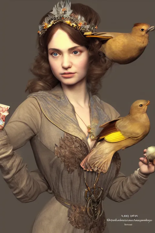 Image similar to close up 3 d render of english princess holding birds, beautiful face, realistic face, closeup, ornaments, mucha vibe, dieselpunk, solarpunk, artstation, andrei riabovitchev