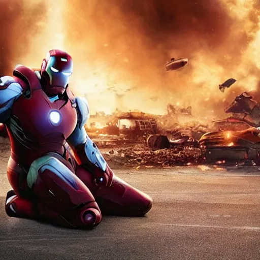 Prompt: Morbidly obese ironman sits down out of breath while new york is destroyed by aliens, movie still, Marvel studios