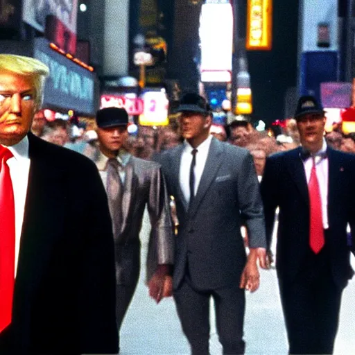 Image similar to still of donald trump walking with bodyguards in time square, wearing maga hat, in american psycho ( 1 9 9 9 )