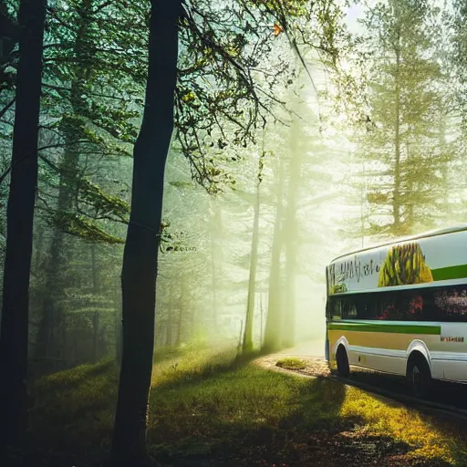 Prompt: big commercial bus with very creative livery in misty forest scene, the sun shining through the trees