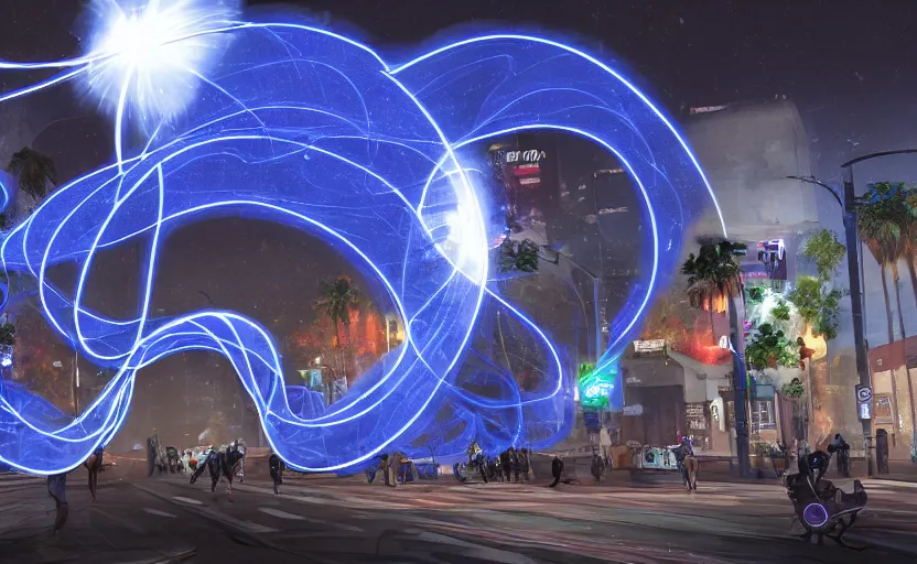 Image similar to people with posters attacking cops in front a huge blue spiral - shaped bright white luminous attractor that is floating and stores in los angeles with light screens all over the street, concept art, art for the game, professional lighting, night lighting from streetlights