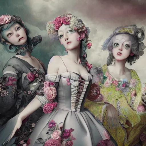 Image similar to 8k, realism, octane render, renaissance, rococo, baroque, group of creepy young ladies wearing renaissance long harajuku manga dress with flowers and skulls, background chaotic flowers