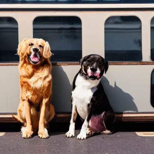 Image similar to a photo of two dogs sitting in front of the bus