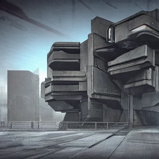 Image similar to scifi brutalist industrial complex, photorealistic