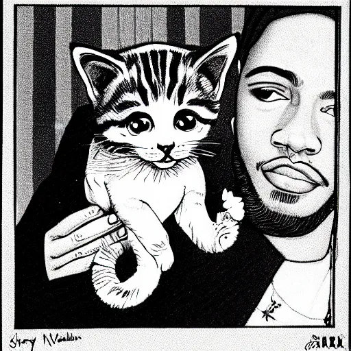 Prompt: storybook illustration of a rapper in 1 9 9 0 new york holding a kitten up to the camera, storybook illustration, monochromatic