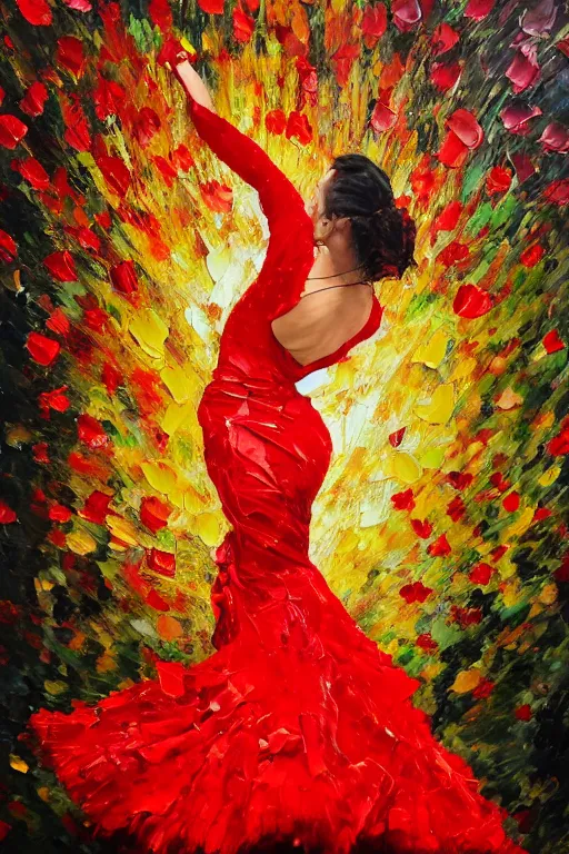 Image similar to abstract oil painting of spanish flamenco dancer in mallorca wearing a red dress made of flowers that's on fire, dimly lit by candles on the ground, looking away, dark shadows, photo realistic, extreme detail skin, no filter, slr, 4 k, high definition