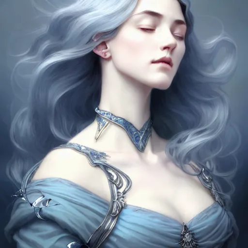 Image similar to aristocrat, white grey blue color palette, eyes closed, female, d & d, fantasy, intricate, elegant, highly detailed, long silver hair, digital painting, artstation, octane render, concept art, matte, sharp focus, illustration, hearthstone, art by artgerm, alphonse mucha johannes voss