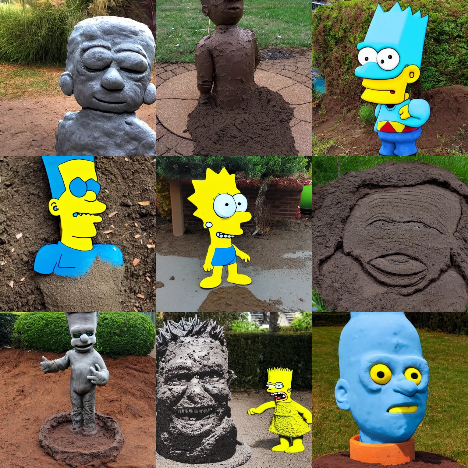 Prompt: bart simpson sculpture made of wet mud